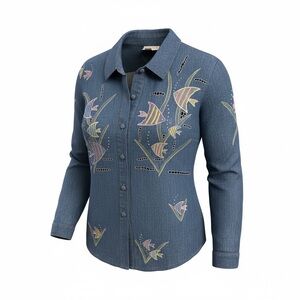 Lim’s Vintage Denim Top Button Up W Embroidery Fish & Cut Outs Unique & Rare EUC